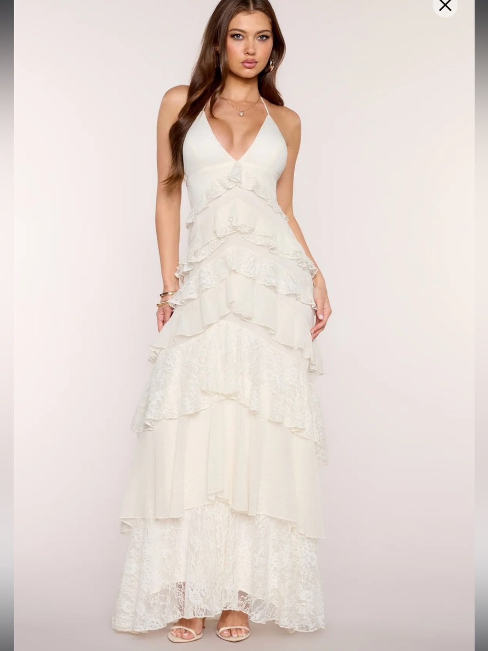 Windsor Ivory Tiered Lace Halter Maxi Dress Size S